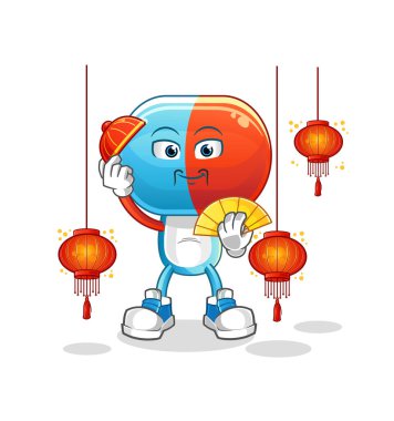 Fener resimli kapsül kafalı Çin çizgi filmi. karakter vektörü