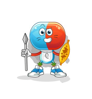 Kapsül kafalı çizgi film Afro kabile savaşçı maskotu. çizgi film vektörü