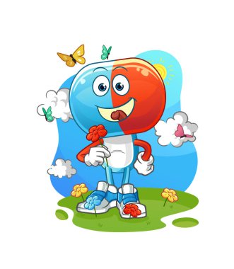 Kapsül kafalı çizgi film karakteri baharda çiçek topluyor. karakter vektörü