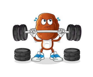 Meyve kafa çizgi filmi halter karakterini kaldırıyor. çizgi film vektörü