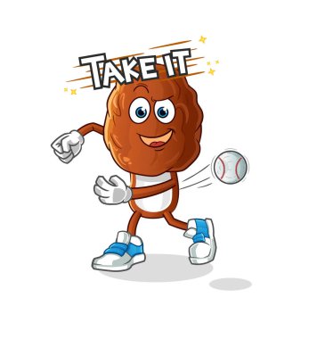 Meyve kafalı çizgi film karakteri beysbol vektörü atıyor. çizgi film karakteri