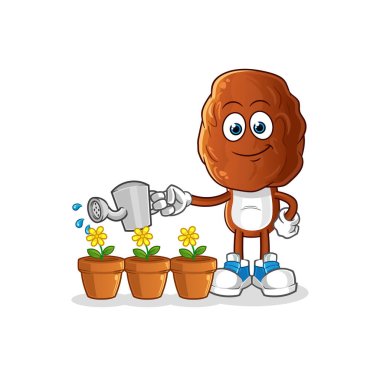 Çiçek maskotunu sulayan bir çizgi film karakteri. çizgi film vektörü