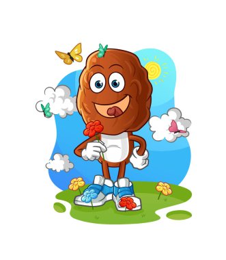 İlkbaharda meyve kafalı çizgi film karakteri çiçek toplar. karakter vektörü