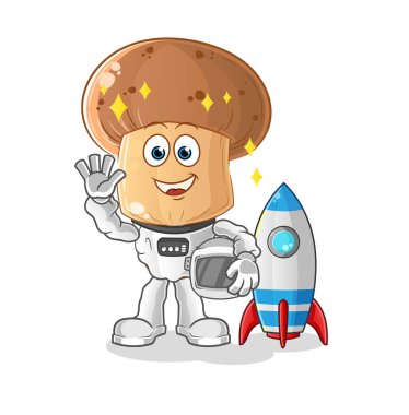 Mantar kafalı astronot sallanan karakter. çizgi film vektörü