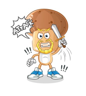 Mantar başlı çizgi film şövalyeleri kılıçla saldırır. çizgi film vektörü