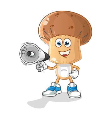 Mantar başlı çizgi film hoparlör vektörünü tutuyor. çizgi film karakteri