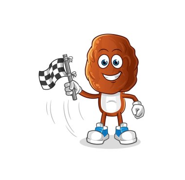 Meyve kafa çizgi filminin bitiş bayrağını tut. çizgi film maskotu vektörü