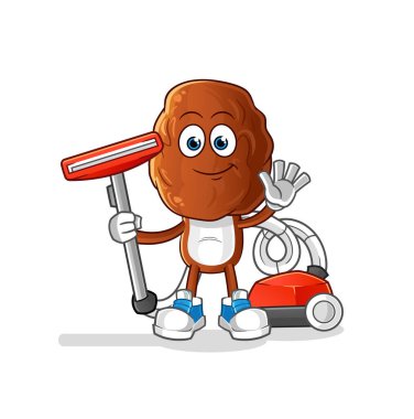 Süpürgeyle temizlenmiş meyve kafalı çizgi film. karakter vektörü