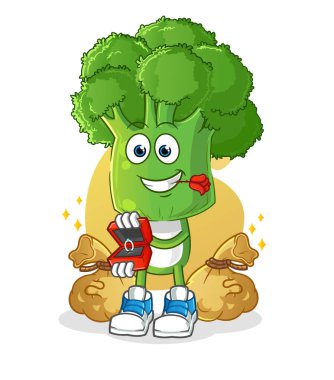 Brokoli kafa çizgi filmi yüzükle evlenme teklif ediyor. çizgi film maskotu vektörü