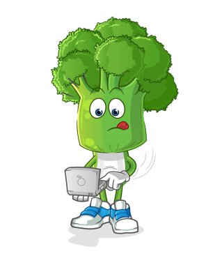 Brokoli kafa çizgi filmi ve dizüstü bilgisayar maskotu. çizgi film vektörü