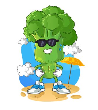 Brokoli kafalı çizgi film karakteri yazın güneşleniyor. karakter vektörü