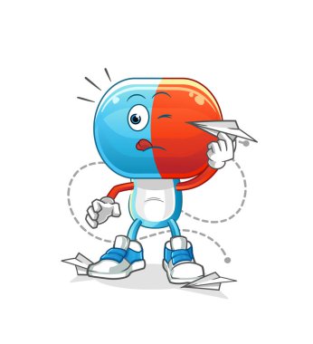 Kağıt uçak karakterli kapsül kafalı çizgi film. çizgi film vektörü