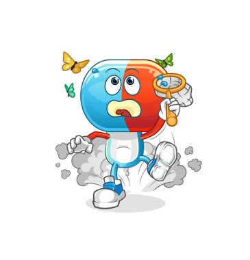 Kapsül başlıklı çizgi film kelebek resimlerini yakalıyor. karakter vektörü