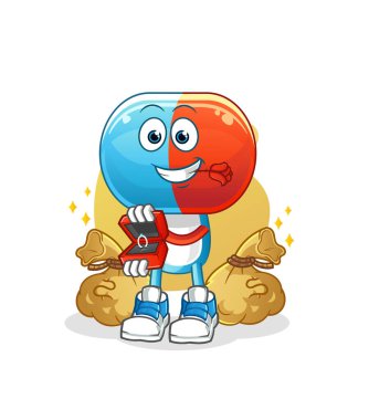 Kapsül kafalı çizgi film karakteri yüzükle evlenme teklif ediyor. çizgi film maskotu vektörü