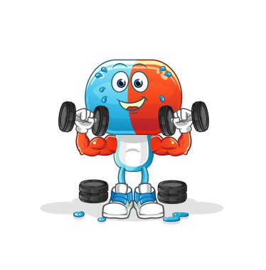 Kapsül başlı çizgi film ağırlık idmanı çizimi. karakter vektörü