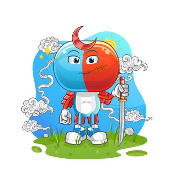 Kapsül kafalı karikatür samurayı. çizgi film maskotu vektörü