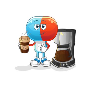 Kapsül kafalı çizgi film karakteri kahve illüstrasyonu içiyor. karakter vektörü