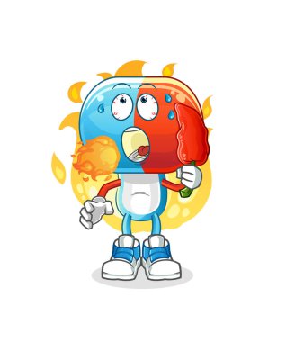 Kapsül kafalı çizgi film karakteri sıcak kırmızı biber maskotu yer. çizgi film vektörü