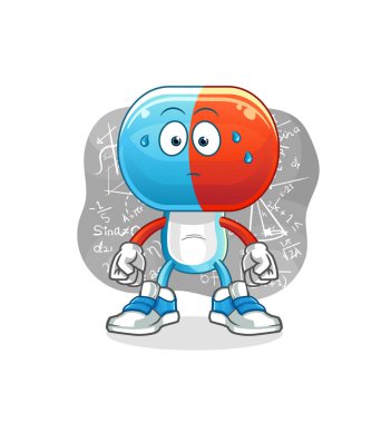 Kapsül kafalı çizgi film karakteri sert vektör düşünüyor. çizgi film karakteri