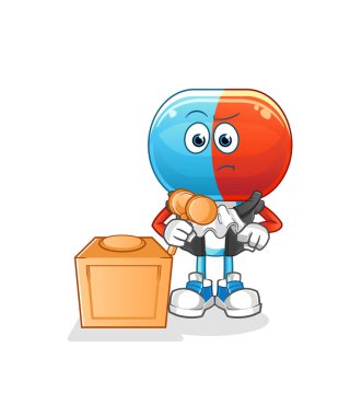 Kapsül kafalı çizgi film yargıcı tokmağı tutuyor. karakter vektörü