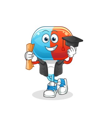 Kapsül kafalı çizgi film mezuniyet vektörü. çizgi film karakteri