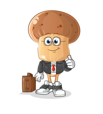 Mantar kafalı karikatür ofis çalışanı maskotu. çizgi film vektörü