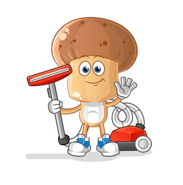 Süpürgeyle temizlenmiş mantar kafası çizgi filmi. karakter vektörü