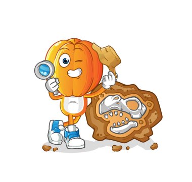 Fosil maskotu olan yıldız meyve kafalı çizgi film arkeologları. çizgi film vektörü