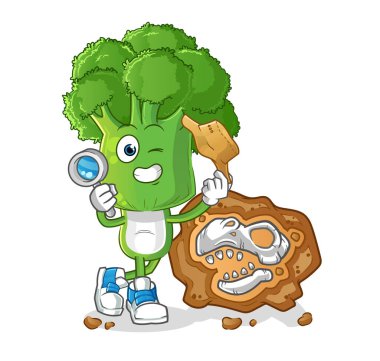 Brokoli baş karikatür arkeologları ve fosil maskotu. çizgi film vektörü