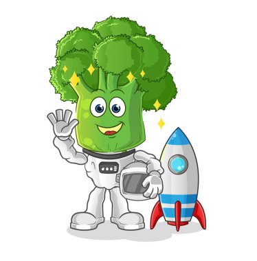 Brokoli kafa çizgi film astronotu el sallayan karakter. çizgi film vektörü