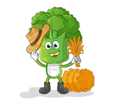 Brokoli kafalı çizgi film çiftçisi maskotu. çizgi film vektörü