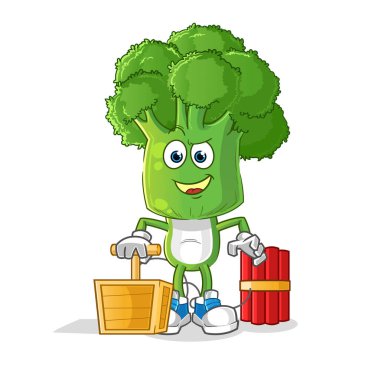 Brokoli kafalı karikatür elinde dinamit fünyesi var. çizgi film vektörü