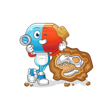 Fosil maskotlu kapsül kafalı arkeologlar. çizgi film vektörü