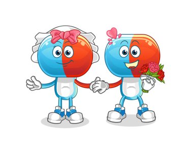 Kapsül kafalı çizgi film düğünü. çizgi film maskotu vektörü