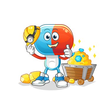 Altın karakterli kapsül kafalı madenci. çizgi film vektörü