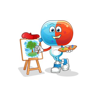 Kapsül kafalı karikatür sanatçısı maskotu. çizgi film vektörü