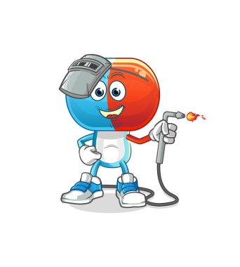 Kapsül kafalı kaynakçı maskotu. çizgi film vektörü