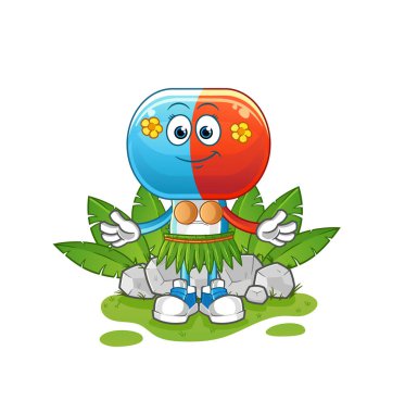 Kapsül kafalı çizgi film karakteri Hawai 'li el sallayan karakter. çizgi film vektörü