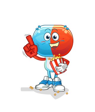 Patlamış mısır illüstrasyonlu kapsül kafalı çizgi film hayranı. karakter vektörü