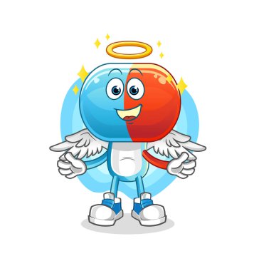 Kanat vektörlü kapsül kafalı çizgi film meleği. çizgi film karakteri