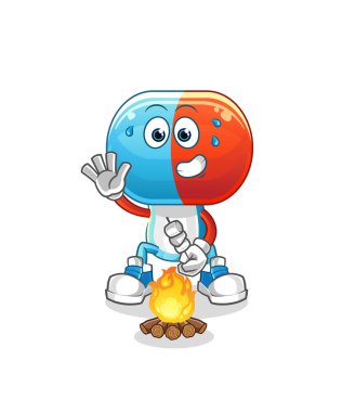 Kapsül kafalı çizgi film karakteri lokum kızartıyor. çizgi film vektörü