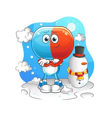 Soğuk kış karakterinde kapsül kafası çizgi filmi. çizgi film vektörü