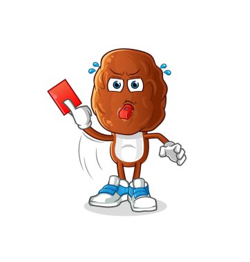 Kırmızı kart illüstrasyonlu bir çizgi film hakemi. karakter vektörü