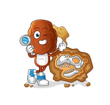 Fosil maskotu olan meyve kafalı arkeologlarla çıkmak. çizgi film vektörü