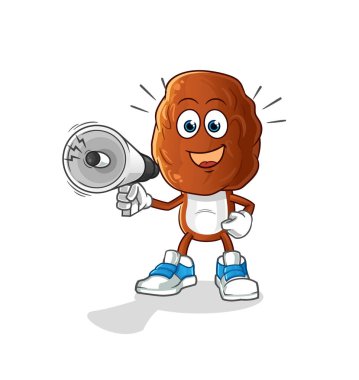 Hoparlör vektörünü tutan meyve kafalı çizgi film. çizgi film karakteri