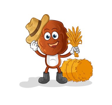 Meyve kafalı çizgi film çiftçisi maskotu. çizgi film vektörü