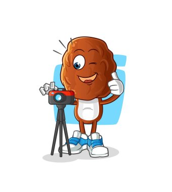 Meyve kafalı karikatür fotoğrafçısı karakteri. çizgi film vektörü