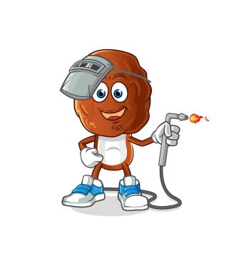 Meyve kafalı çizgi film kaynakçısı maskotu. çizgi film vektörü