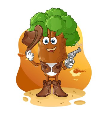 Silah karakteri vektörü olan ağaç kafalı çizgi film kovboyu.