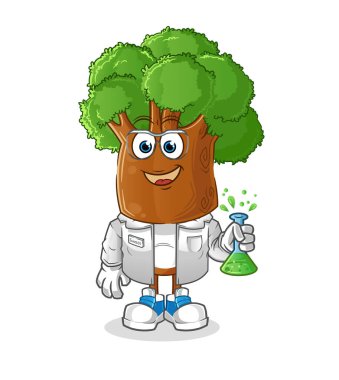 Ağaç kafalı çizgi film bilim adamı karakteri. çizgi film maskotu vektörü